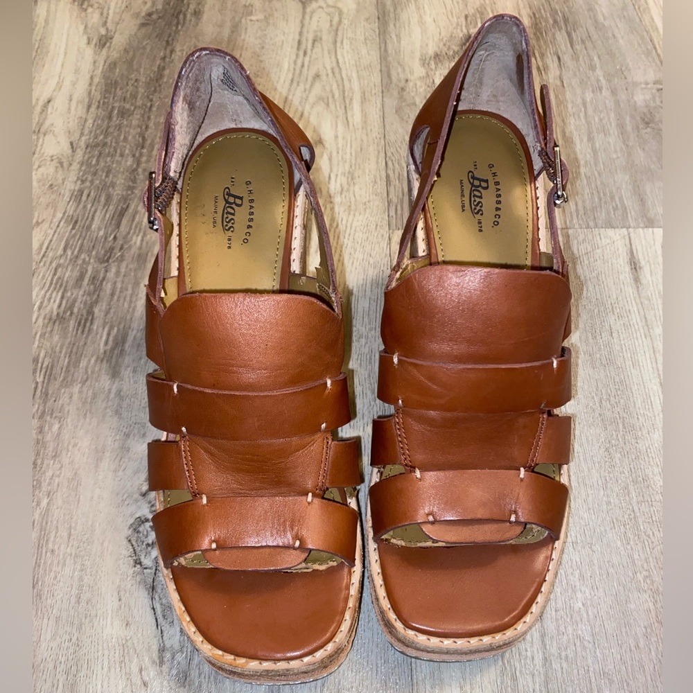 G HBass & Co Wedges Taylor Camel Brown Leather Strappy Platform Cork Heel sz 8M - Picture 2 of 16